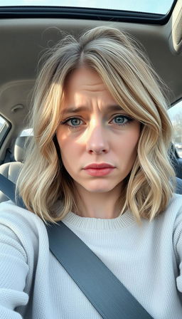 A woman aged 30-35 with medium-length, slightly wavy light blonde hair sits in the driver's seat of a car, taking a selfie while crying heavily