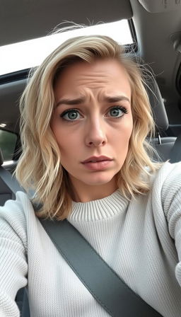 A woman aged 30-35 with medium-length, slightly wavy light blonde hair sits in the driver's seat of a car, taking a selfie while crying heavily