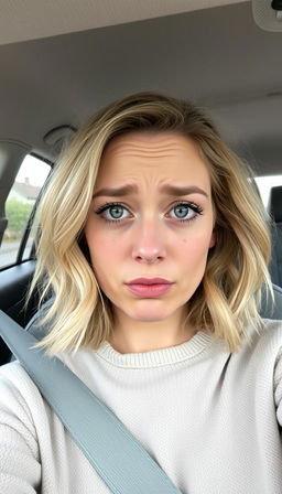 A woman aged 30-35 with medium-length, slightly wavy light blonde hair sits in the driver's seat of a car, taking a selfie while crying heavily