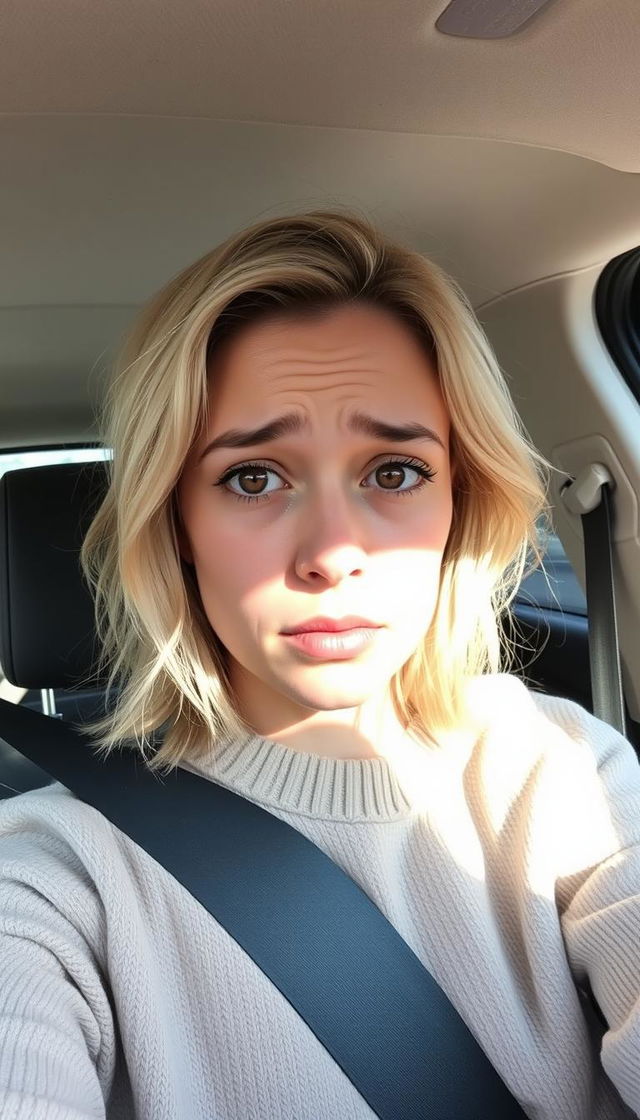 A woman aged 30-35 with medium-length, slightly wavy light blonde hair sits in the driver's seat of a car, taking a selfie while crying heavily