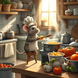 A cute rat cooking macaroni in a cozy kitchen