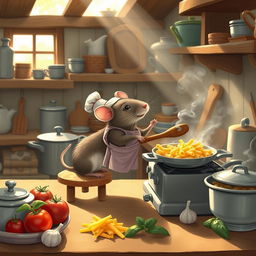 A cute rat cooking macaroni in a cozy kitchen