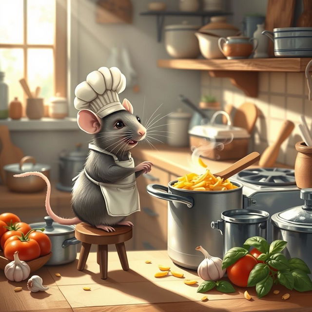 A cute rat cooking macaroni in a cozy kitchen