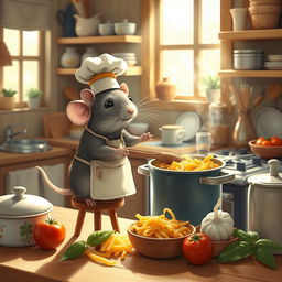 A cute rat cooking macaroni in a cozy kitchen