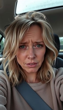 A woman aged 30-35 sitting in the driver's seat of a car, taking a selfie while sobbing uncontrollably
