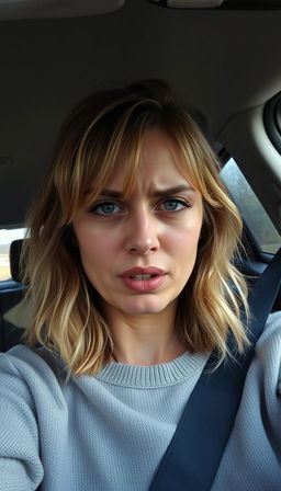 A woman aged 30-35 sitting in the driver's seat of a car, taking a selfie while sobbing uncontrollably