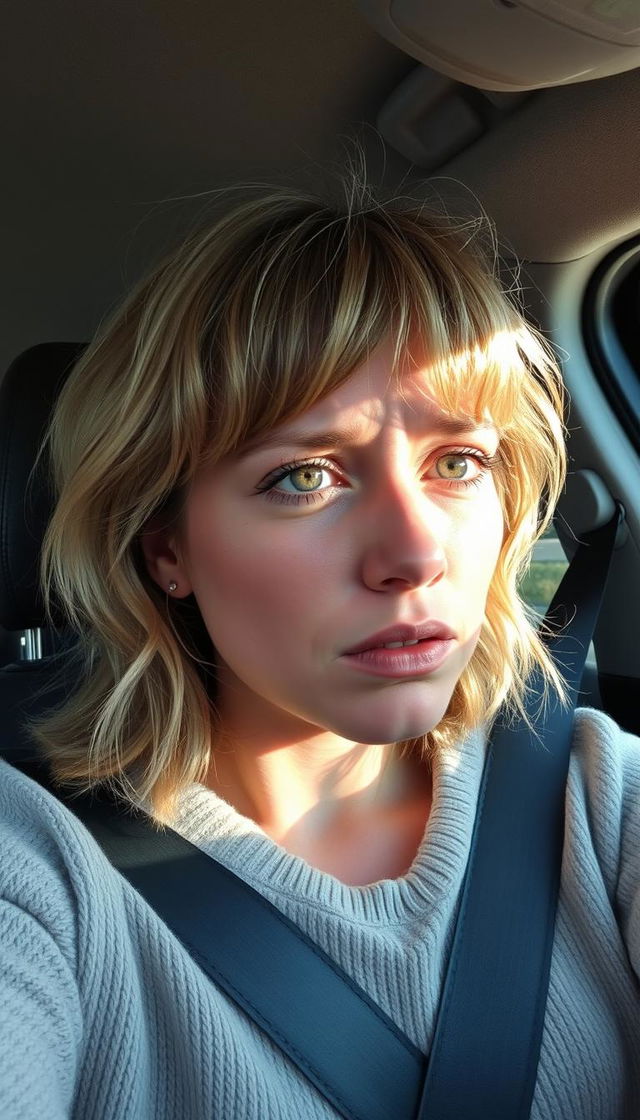 A woman aged 30-35 sitting in the driver's seat of a car, taking a selfie while sobbing uncontrollably