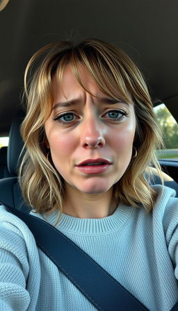 A woman aged 30-35 sitting in the driver's seat of a car, taking a selfie while sobbing uncontrollably