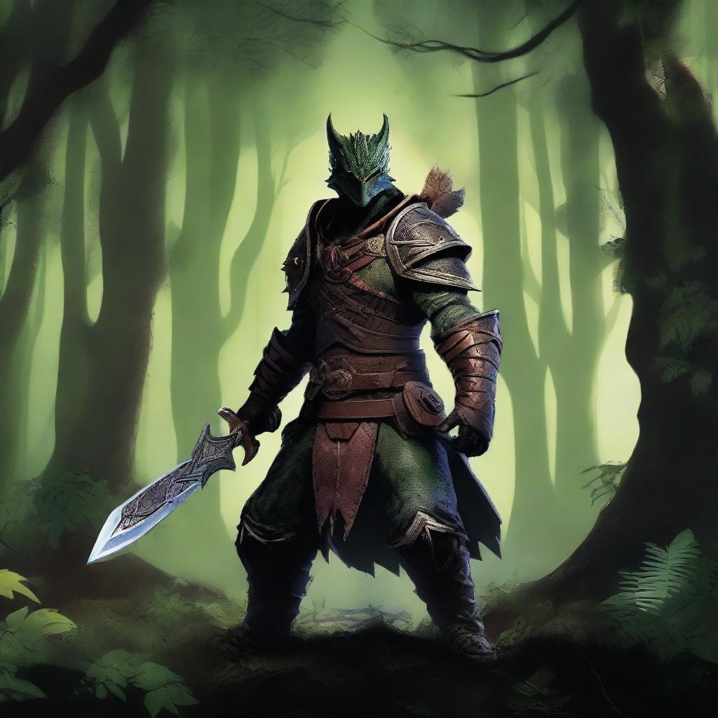 A high-quality digital art image featuring a fearless monster hunter, clad in heavy armor, standing in a dense forest