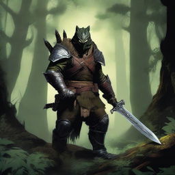 A high-quality digital art image featuring a fearless monster hunter, clad in heavy armor, standing in a dense forest