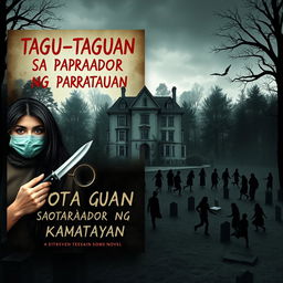 Book cover design for a novel titled 'Tagu-taguan sa aparador ng kamatayan'