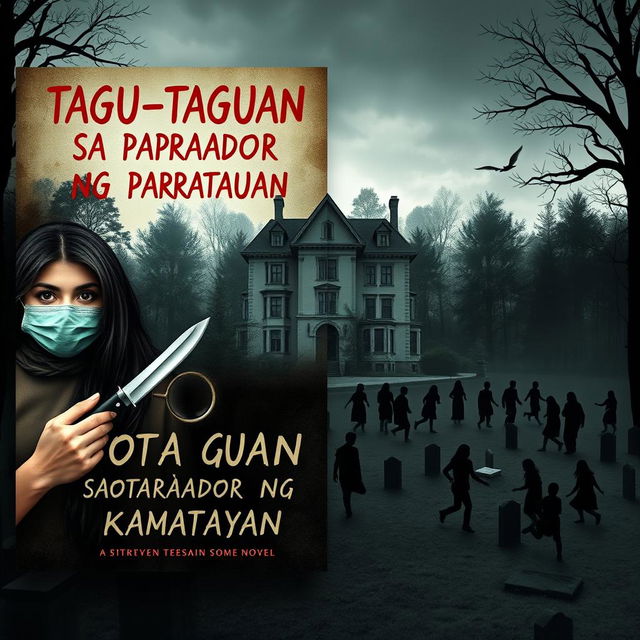 Book cover design for a novel titled 'Tagu-taguan sa aparador ng kamatayan'
