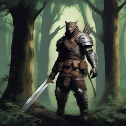 A high-quality digital art image featuring a fearless monster hunter, clad in heavy armor, standing in a dense forest