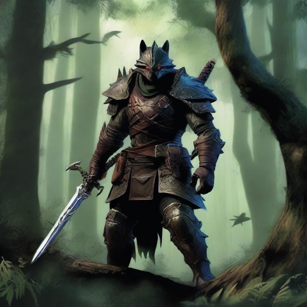 A high-quality digital art image featuring a fearless monster hunter, clad in heavy armor, standing in a dense forest