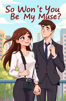 An animated illustration capturing a romantic couple; the aspiring female photographer, with bright, expressive eyes and a stylish camera slung around her neck, standing confidently