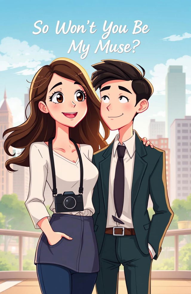 An animated illustration capturing a romantic couple; the aspiring female photographer, with bright, expressive eyes and a stylish camera slung around her neck, standing confidently