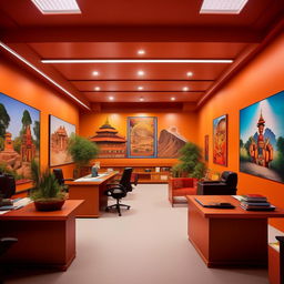 Recreate the chief's office on a campus with a Nepali theme, this time using cool colors instead of warm. The office should have wall pictures showcasing Nepali culture and a simple, non-extravagant design.