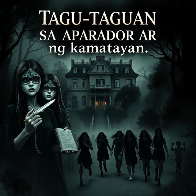 A mysterious book cover design for 'Tagu-taguan sa aparador ng kamatayan