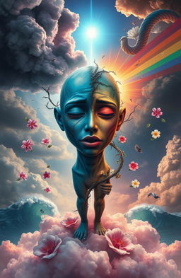 A surreal and evocative depiction of a humanoid figure that embodies both pain and healing