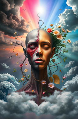 A surreal and evocative depiction of a humanoid figure that embodies both pain and healing