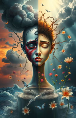 A surreal and evocative depiction of a humanoid figure that embodies both pain and healing