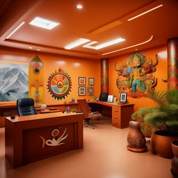 Recreate the chief's office on a campus with a Nepali theme, this time using cool colors instead of warm. The office should have wall pictures showcasing Nepali culture and a simple, non-extravagant design.