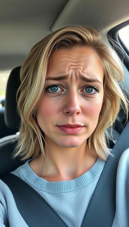 A young woman around 30-35 years old, sitting in the driver's seat of a car, taking a selfie