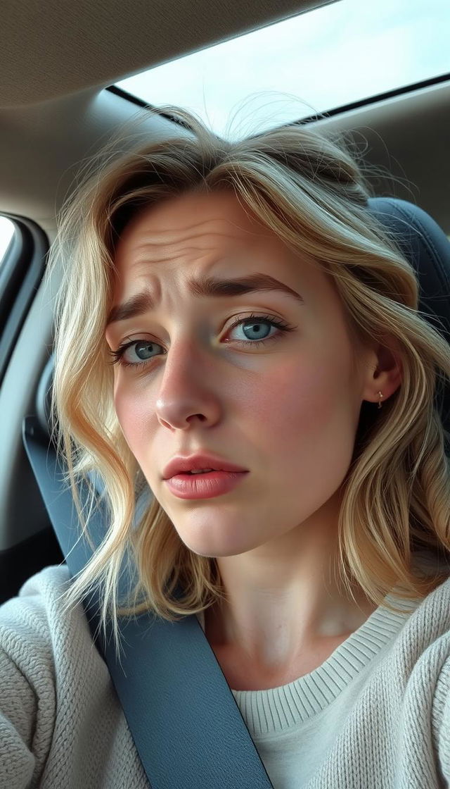 A young woman around 30-35 years old, sitting in the driver's seat of a car, taking a selfie