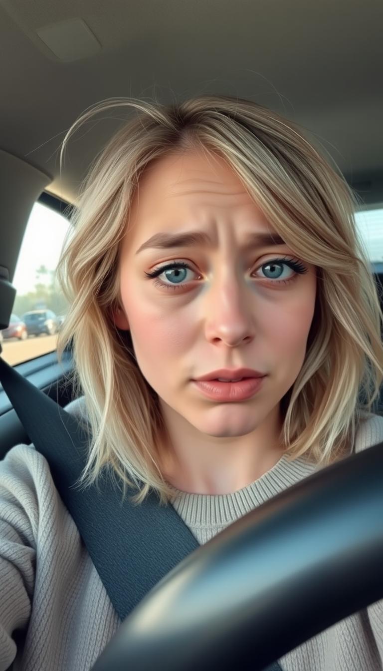 A young woman around 30-35 years old, sitting in the driver's seat of a car, taking a selfie