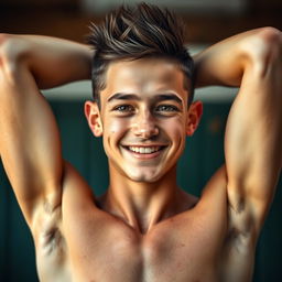 A 21-year-old Italian man with a skinny, muscular physique showcasing strong arms