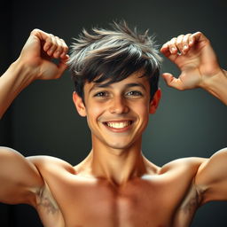 A 21-year-old Italian man with a skinny, muscular physique showcasing strong arms