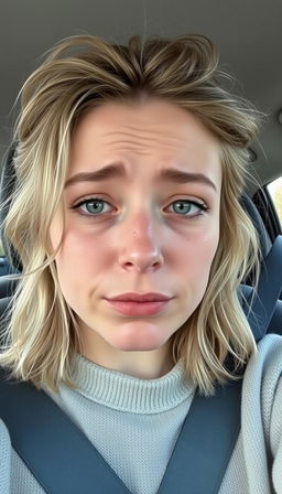 A young woman around 30-35 years old, sitting in the driver's seat of a car, taking a selfie