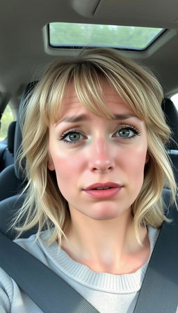 A young woman around 30-35 years old, sitting in the driver's seat of a car, taking a selfie