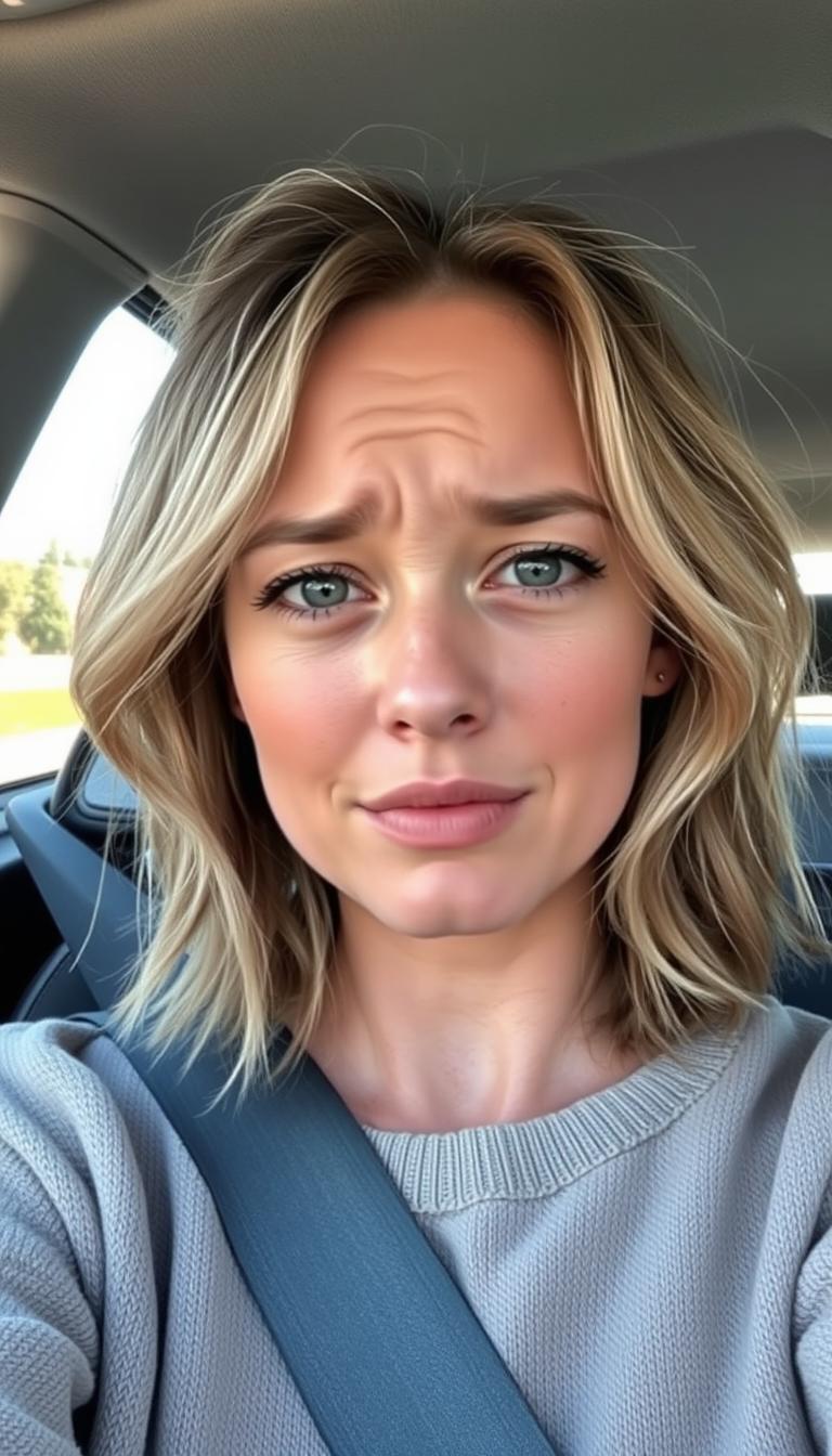 A young woman around 30-35 years old, sitting in the driver's seat of a car, taking a selfie