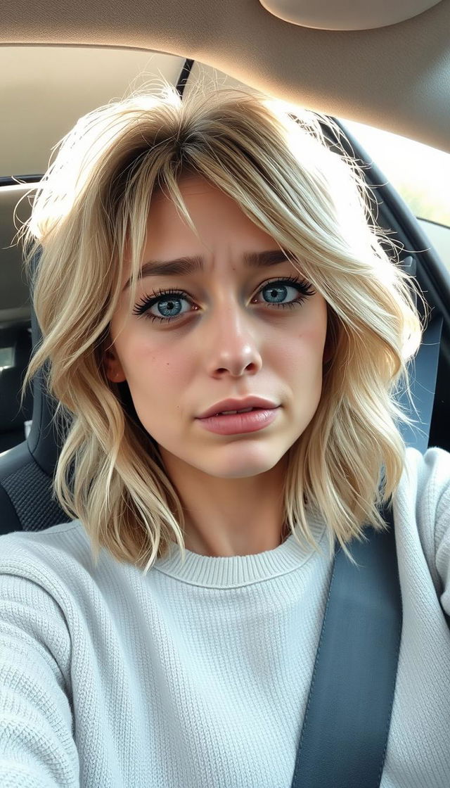 A young woman around 30-35 years old, sitting in the driver's seat of a car, taking a selfie