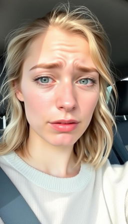 A young woman around 30-35 years old, seated in the driver's seat of a car, taking a poignant selfie