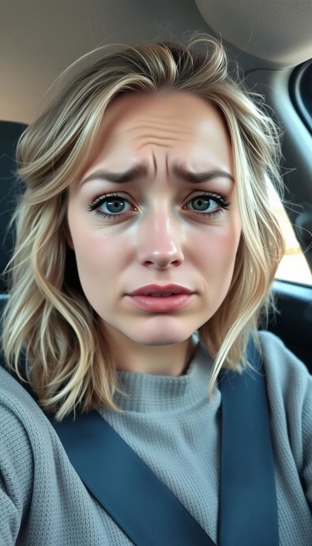 A young woman around 30-35 years old, seated in the driver's seat of a car, taking a poignant selfie