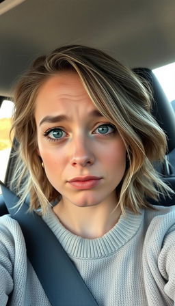 A young woman around 30-35 years old, seated in the driver's seat of a car, taking a poignant selfie