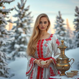A beautiful Russian woman with long blonde hair, wearing a stunning traditional Russian dress ornamented with intricate embroidery