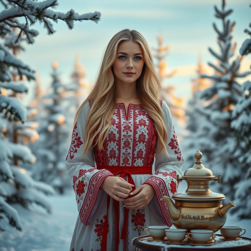 A beautiful Russian woman with long blonde hair, wearing a stunning traditional Russian dress ornamented with intricate embroidery