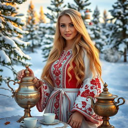 A beautiful Russian woman with long blonde hair, wearing a stunning traditional Russian dress ornamented with intricate embroidery