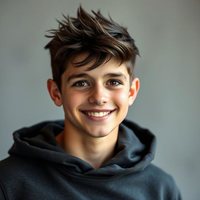A 16-year-old Italian boy portrayed as a skinny bodybuilder, showcasing defined muscles while maintaining a youthful appearance