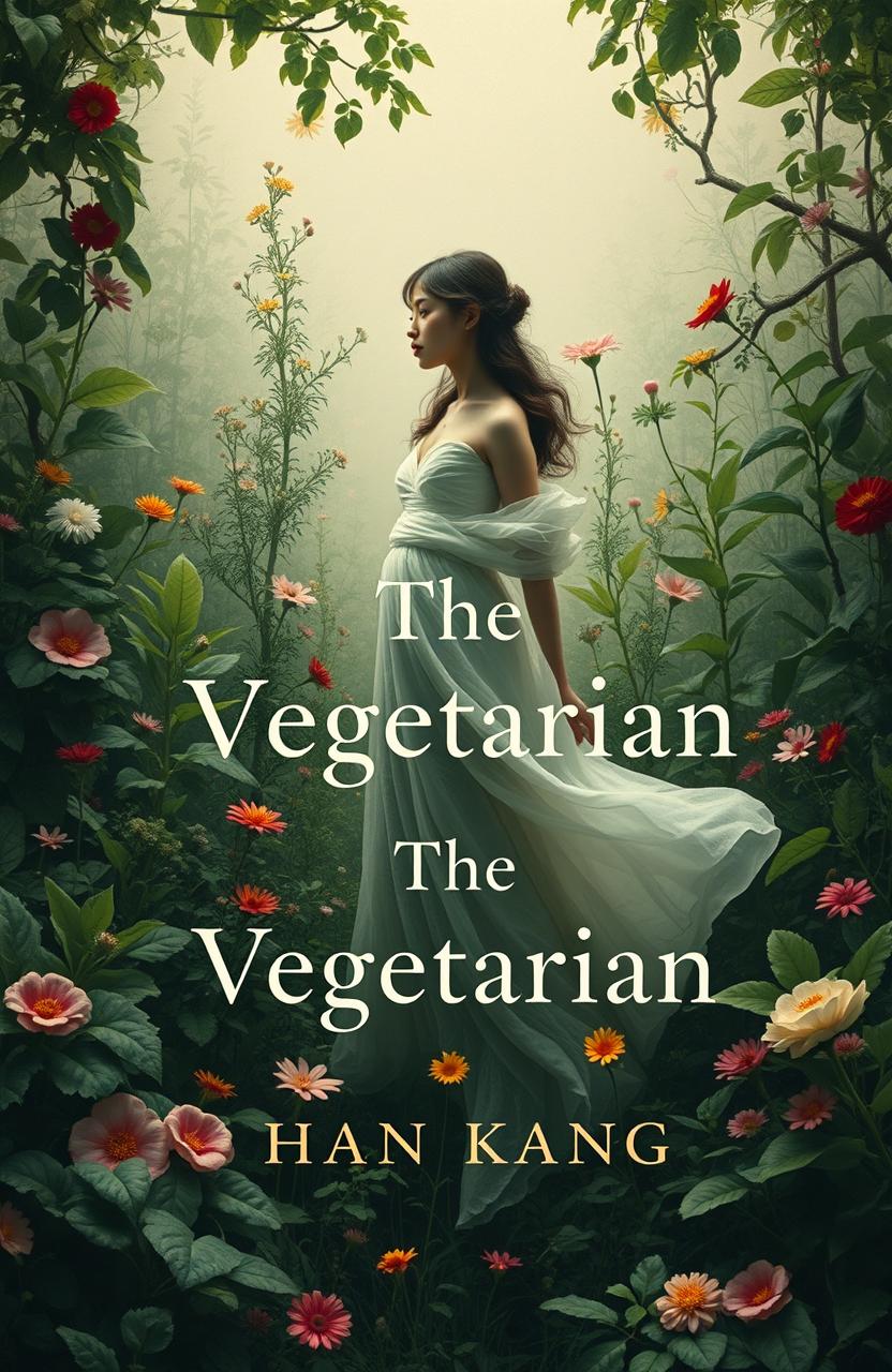 An artistic representation of 'The Vegetarian' book by Han Kang, featuring a hauntingly beautiful cover design