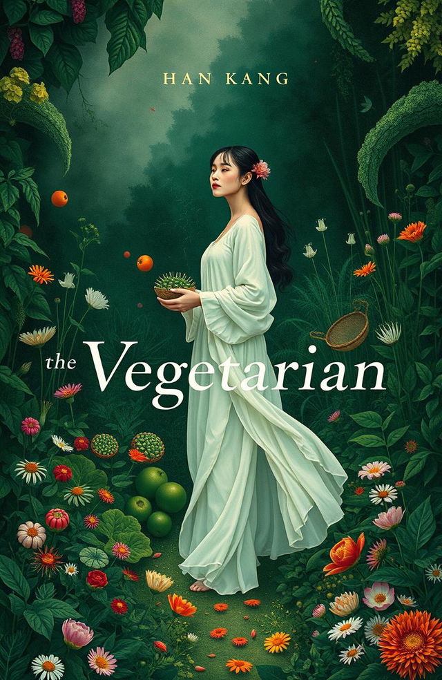 An artistic representation of 'The Vegetarian' book by Han Kang, featuring a hauntingly beautiful cover design