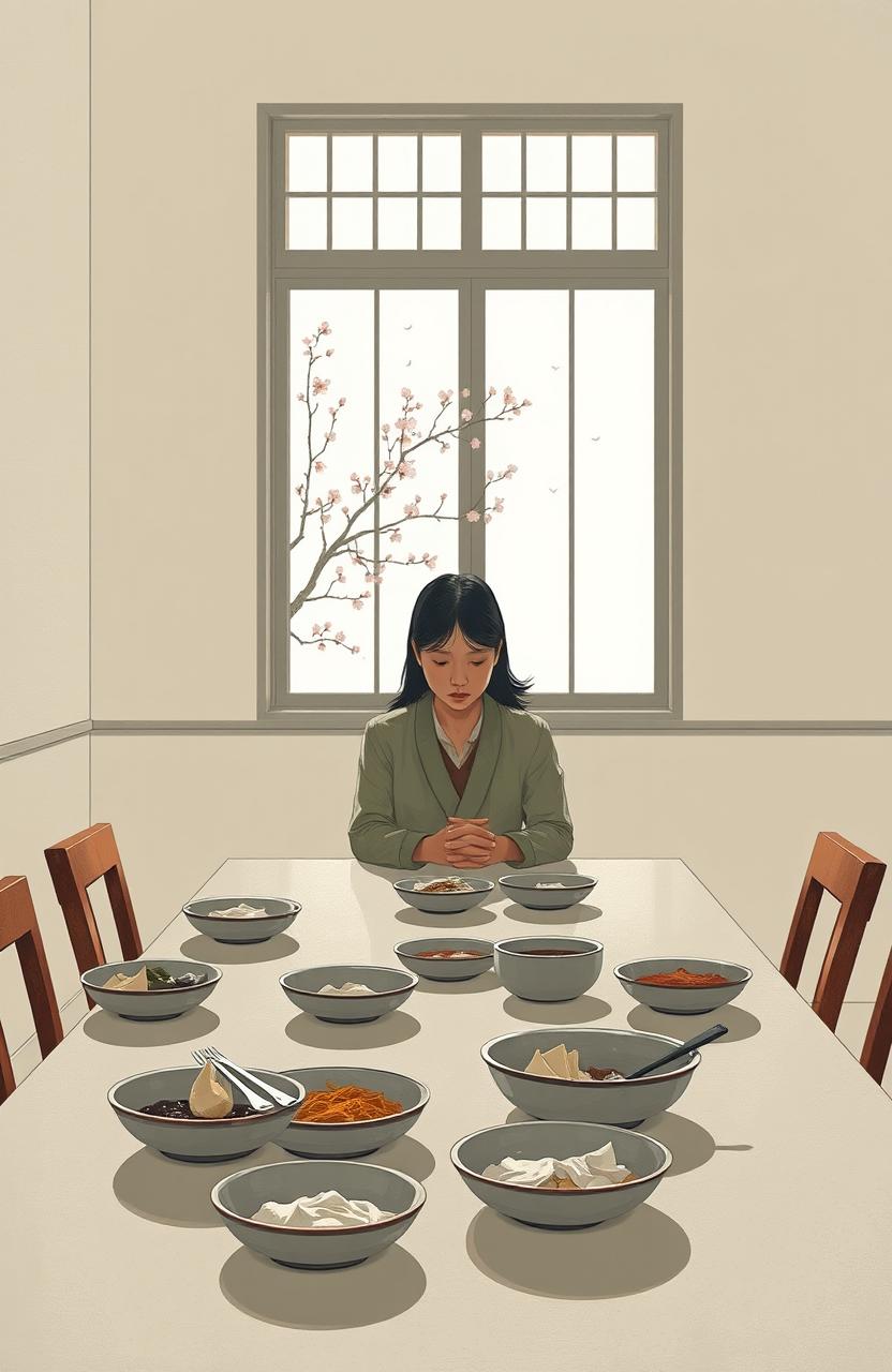 A detailed representation of a serene and introspective scene from the novel 'The Vegetarian' by Han Kang