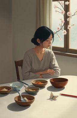 A detailed representation of a serene and introspective scene from the novel 'The Vegetarian' by Han Kang