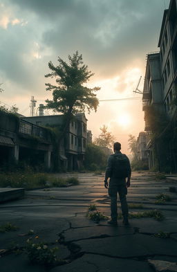 A serene post-apocalyptic landscape where nature has begun to reclaim a deserted urban area