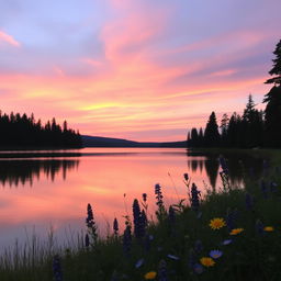 A serene landscape showcasing a picturesque sunset over a tranquil lake