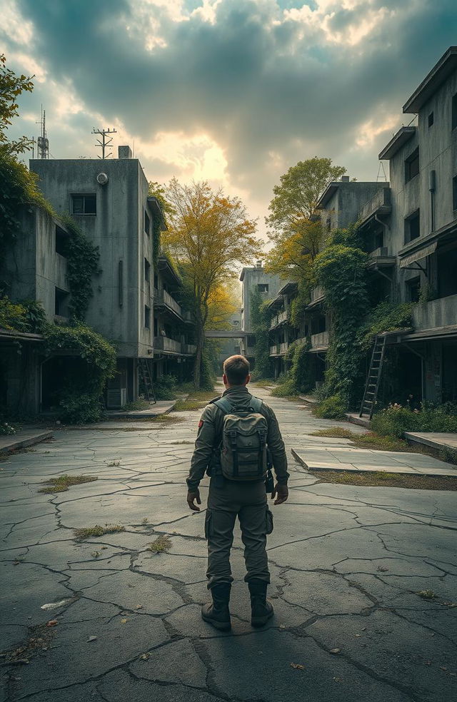 A serene post-apocalyptic landscape where nature has begun to reclaim a deserted urban area