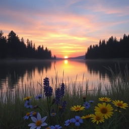 A serene landscape showcasing a picturesque sunset over a tranquil lake